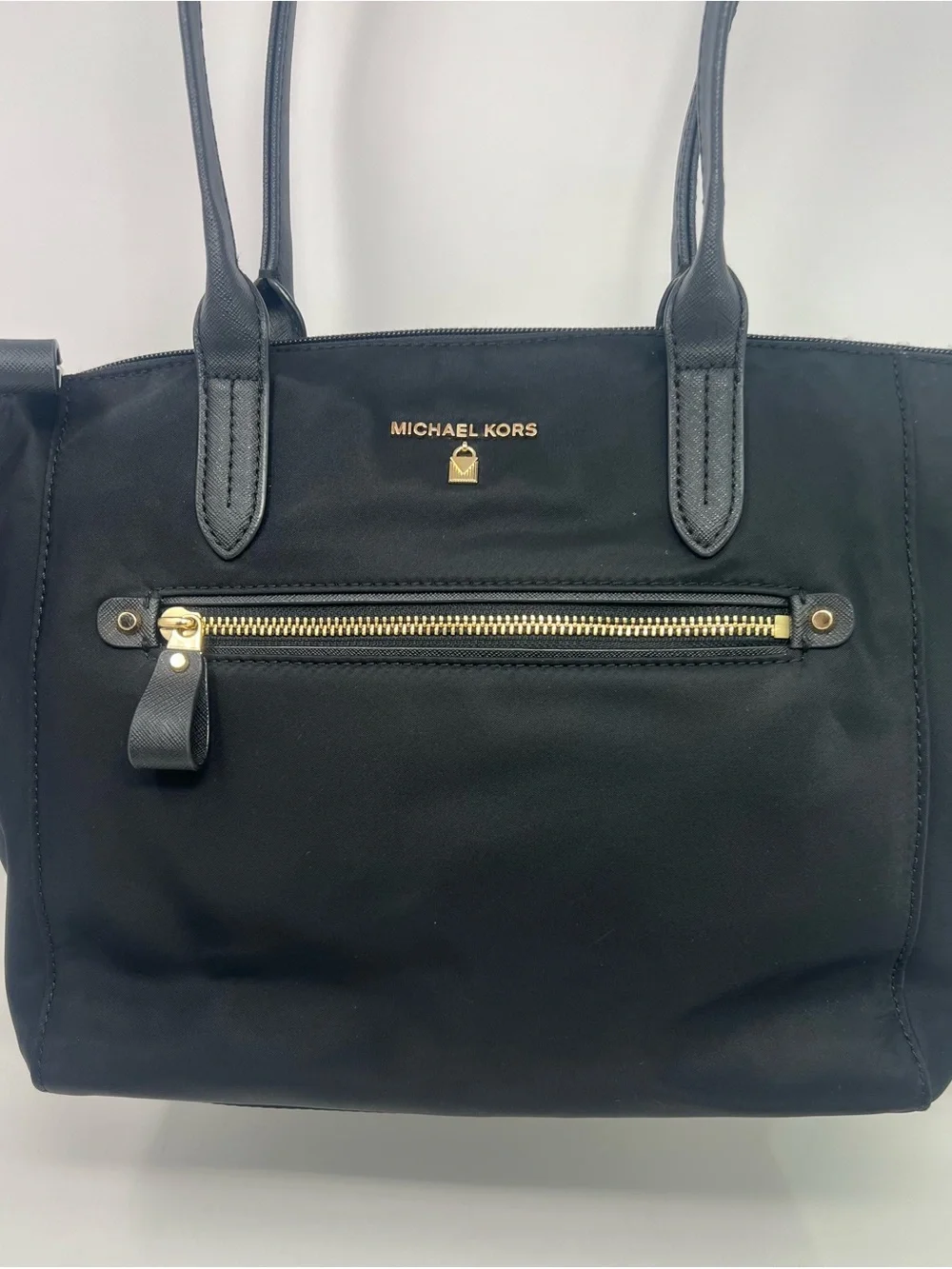 Michael Kors Black Nylon Tote Bag Gold Hardware Large Zip Shoulder Purse Light - Picture 2 of 12